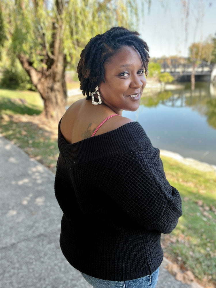 Black waffle off the shoulder sweater