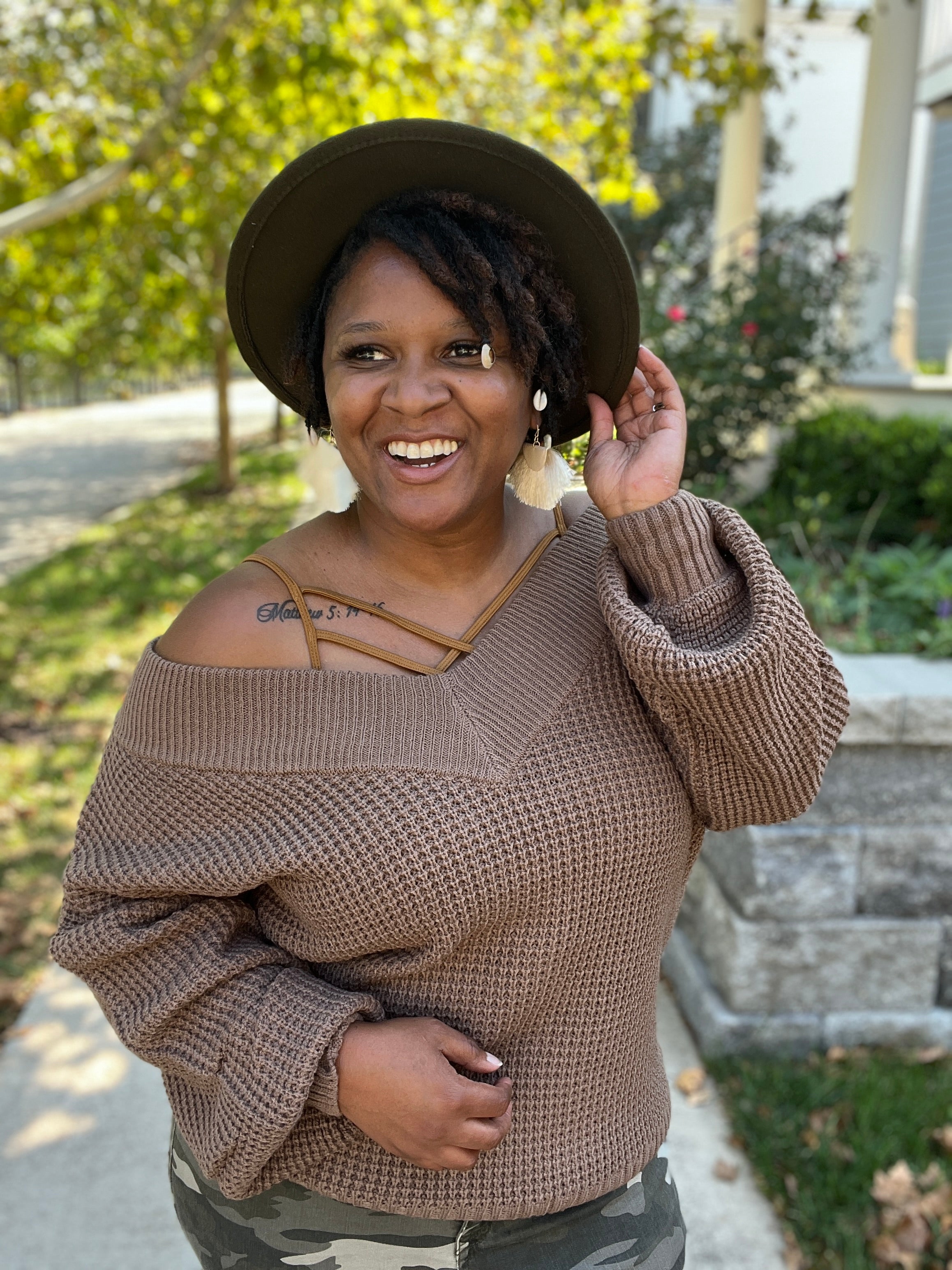 mocha waffle off the shoulder sweater