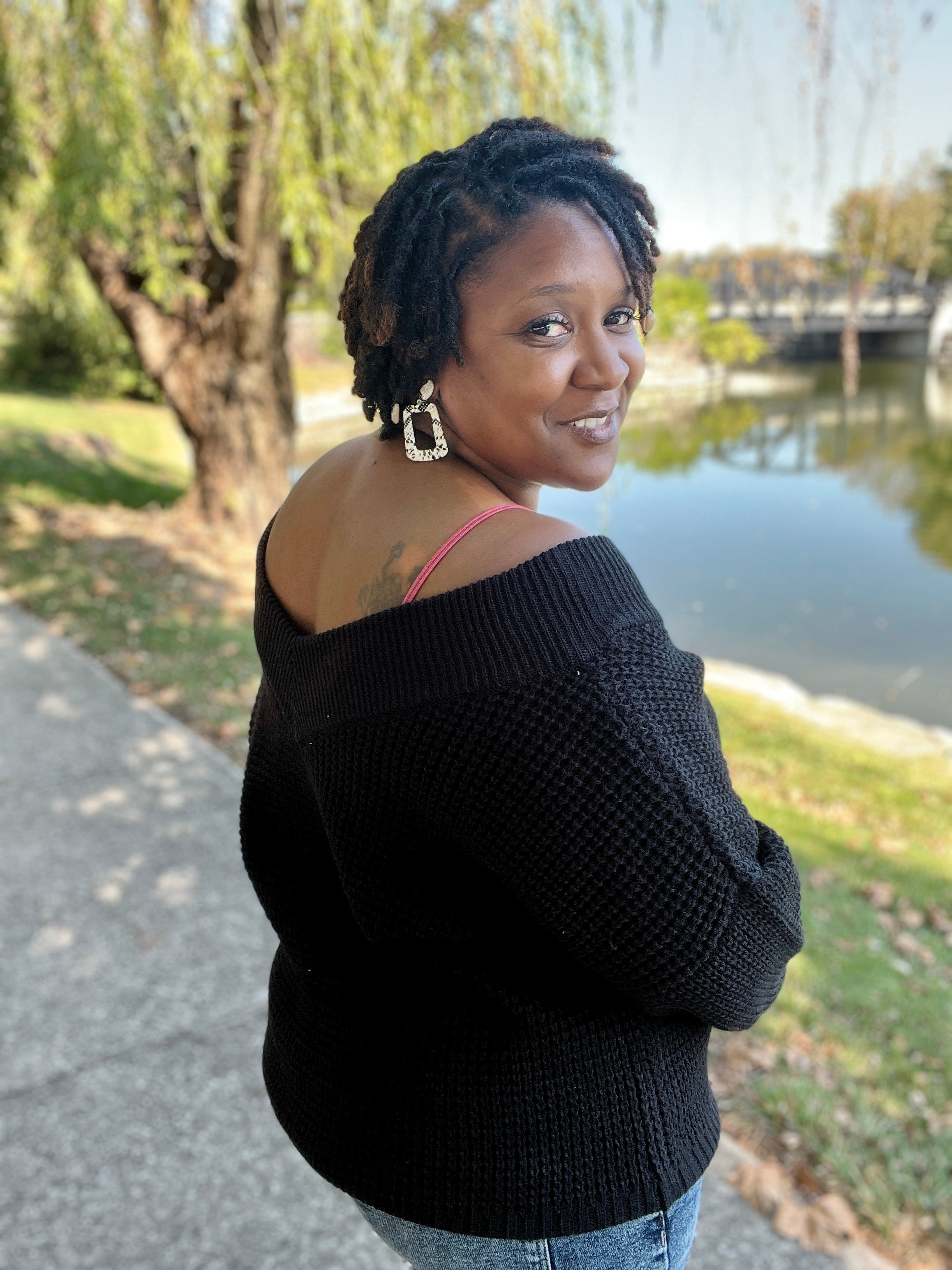 Black waffle off the shoulder sweater