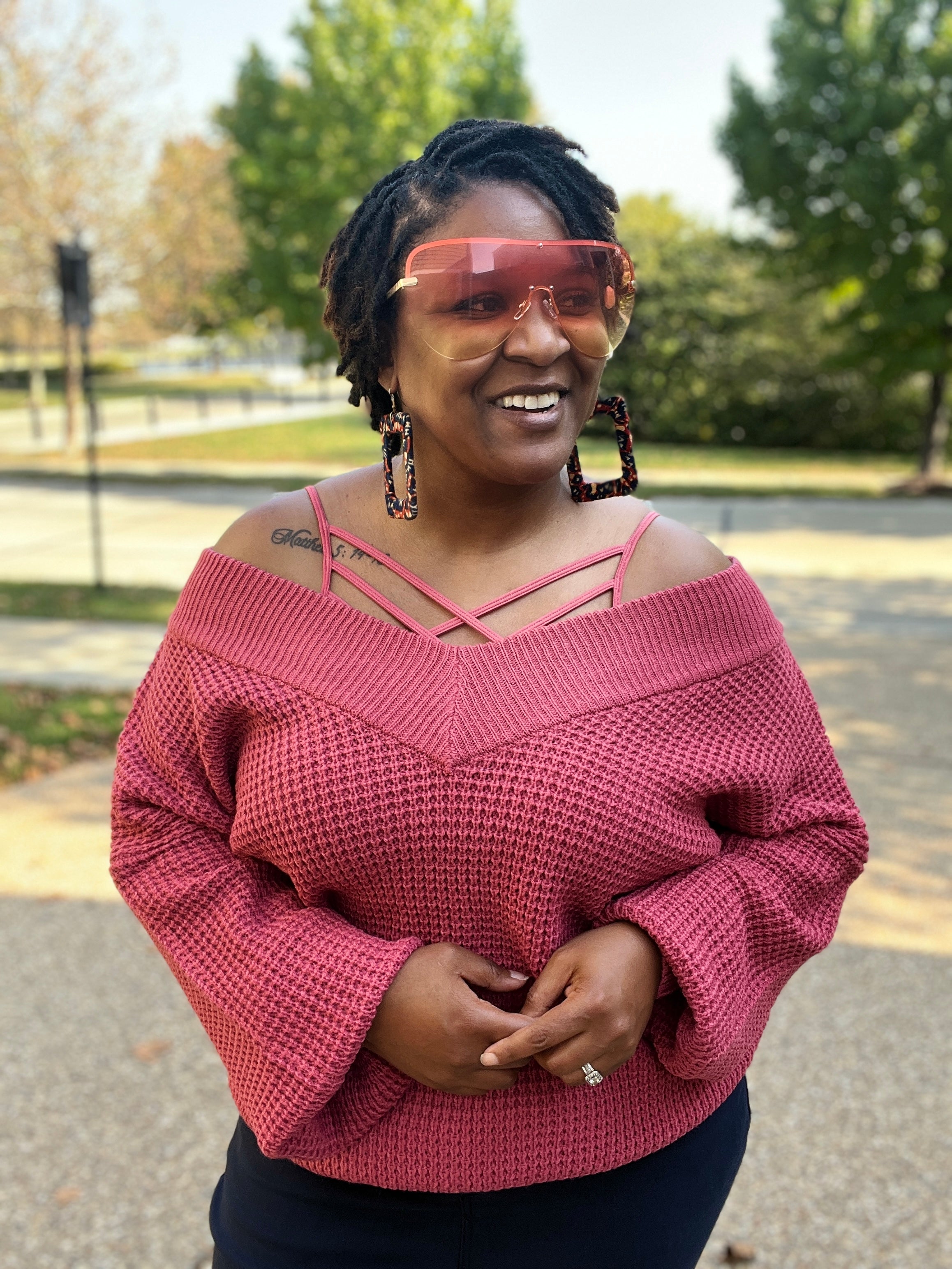 Rose waffle off the shoulder sweater