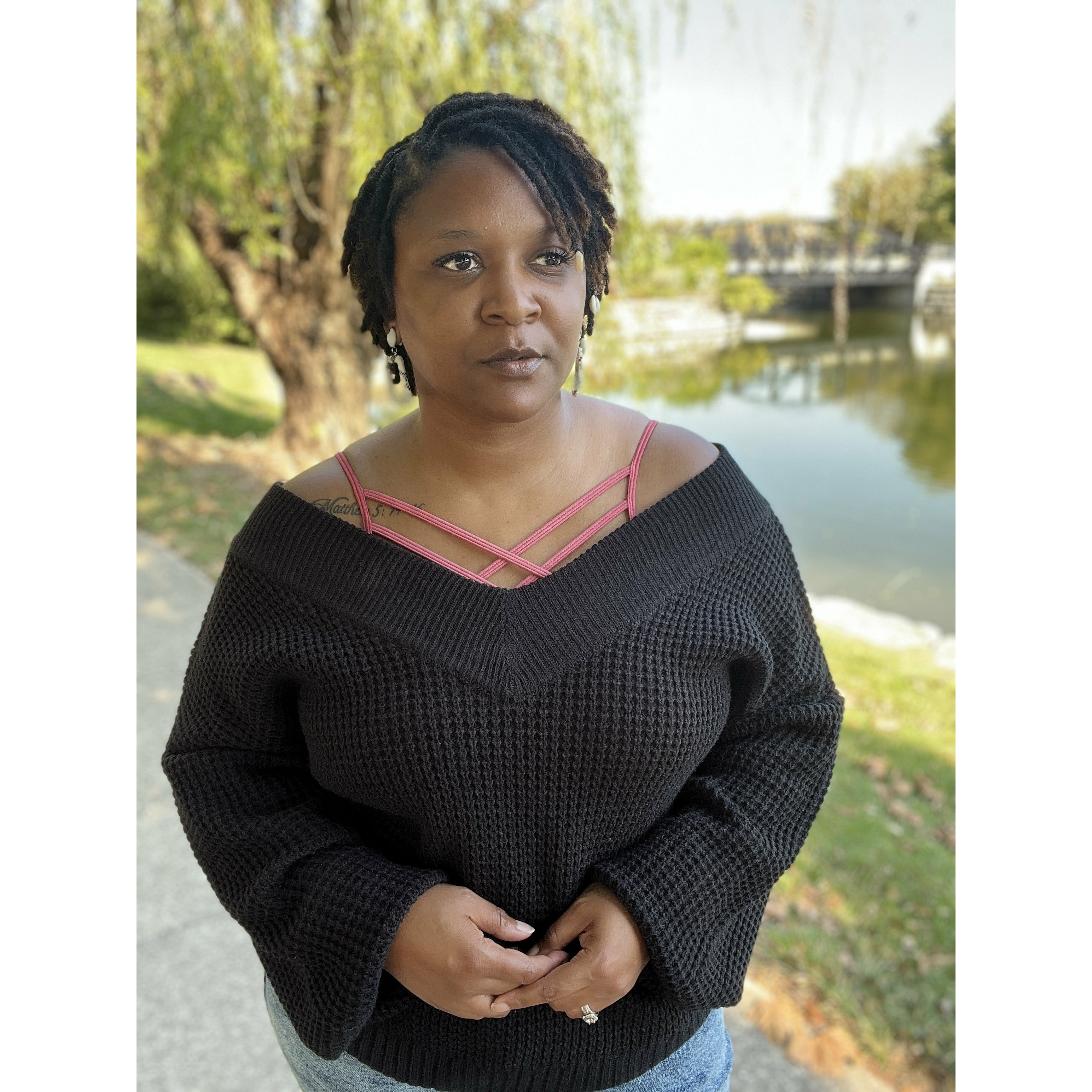 Black waffle off the shoulder sweater