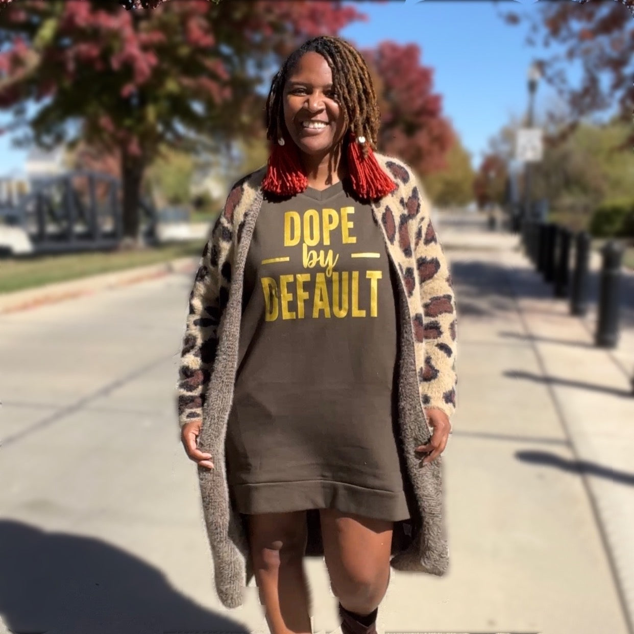 Dope by Default v neck oversized sweatshirt dark olive with leopard cardigan