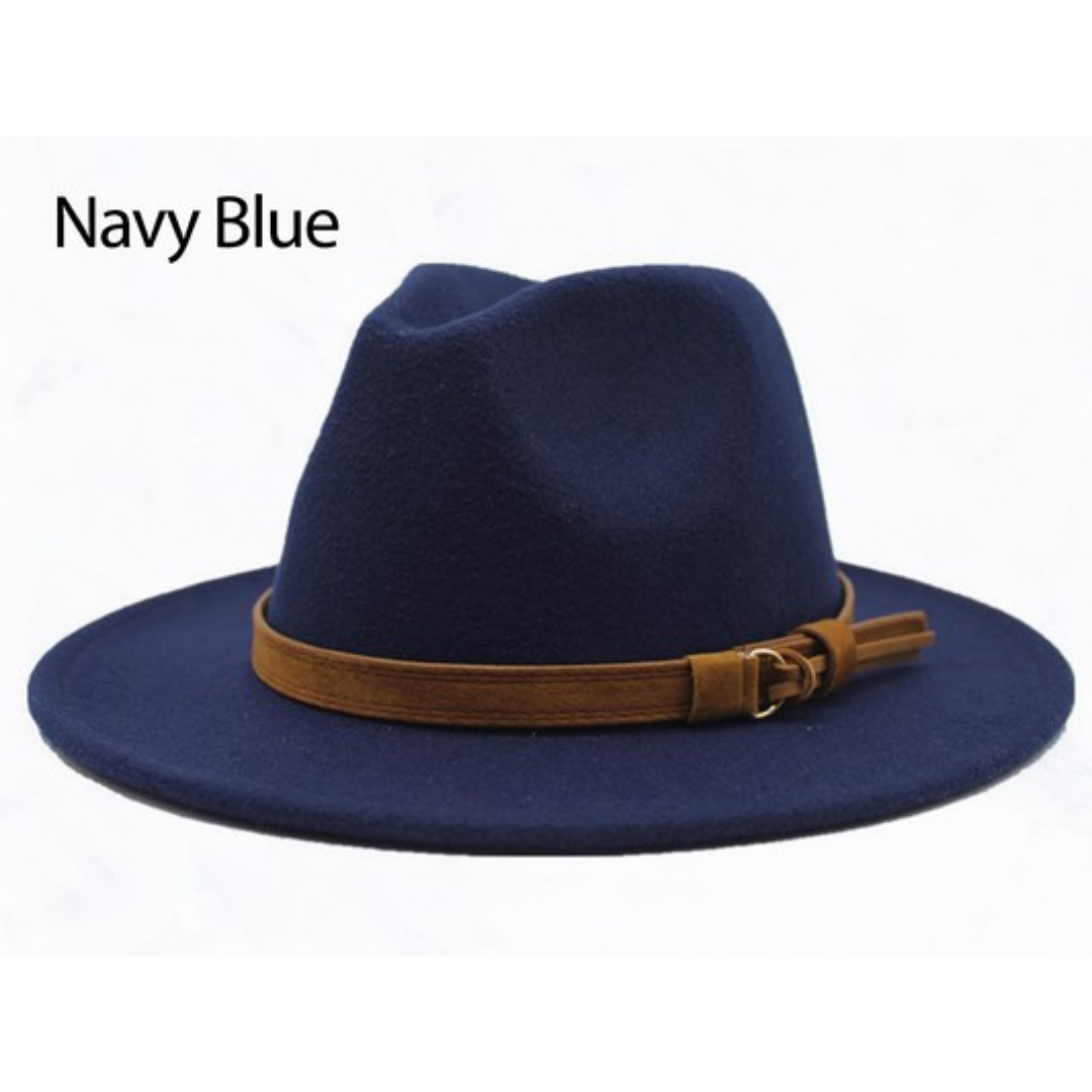 navy flat brim fedora with camel belt