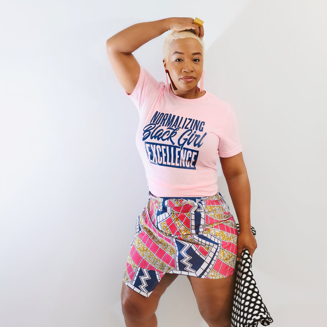 Normalizing Black Girl Excellence pink tee model