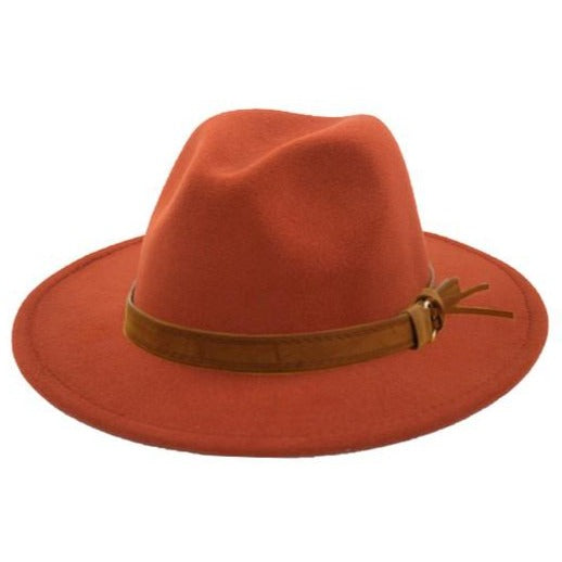 rust flat brim fedora hat with camel belt